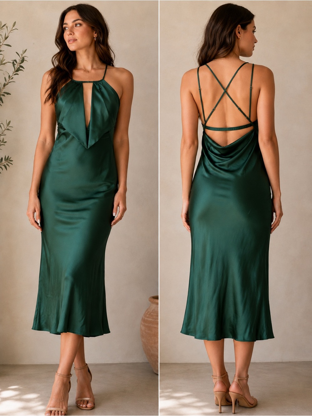 Emerald Green Satin Halter Open Back Midi Dress Small
